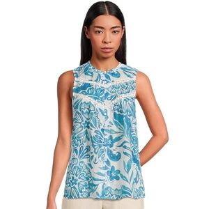 JOHNNY WAS Bethany Blue Floral  Sleeveless V-Neck Button Front Chevron Lace Top